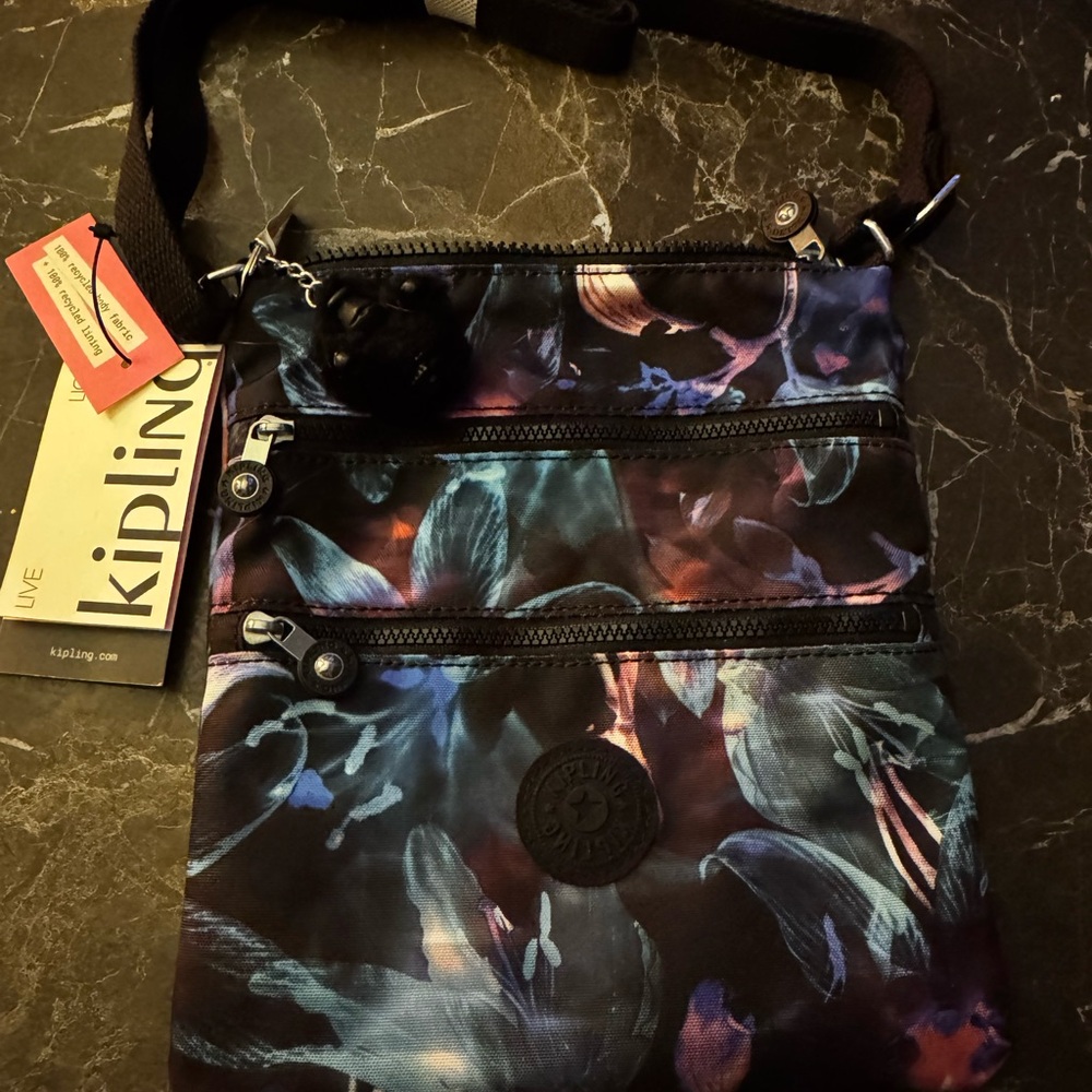 Kipling Black and Blue floral Messenger Bag with Durable Design